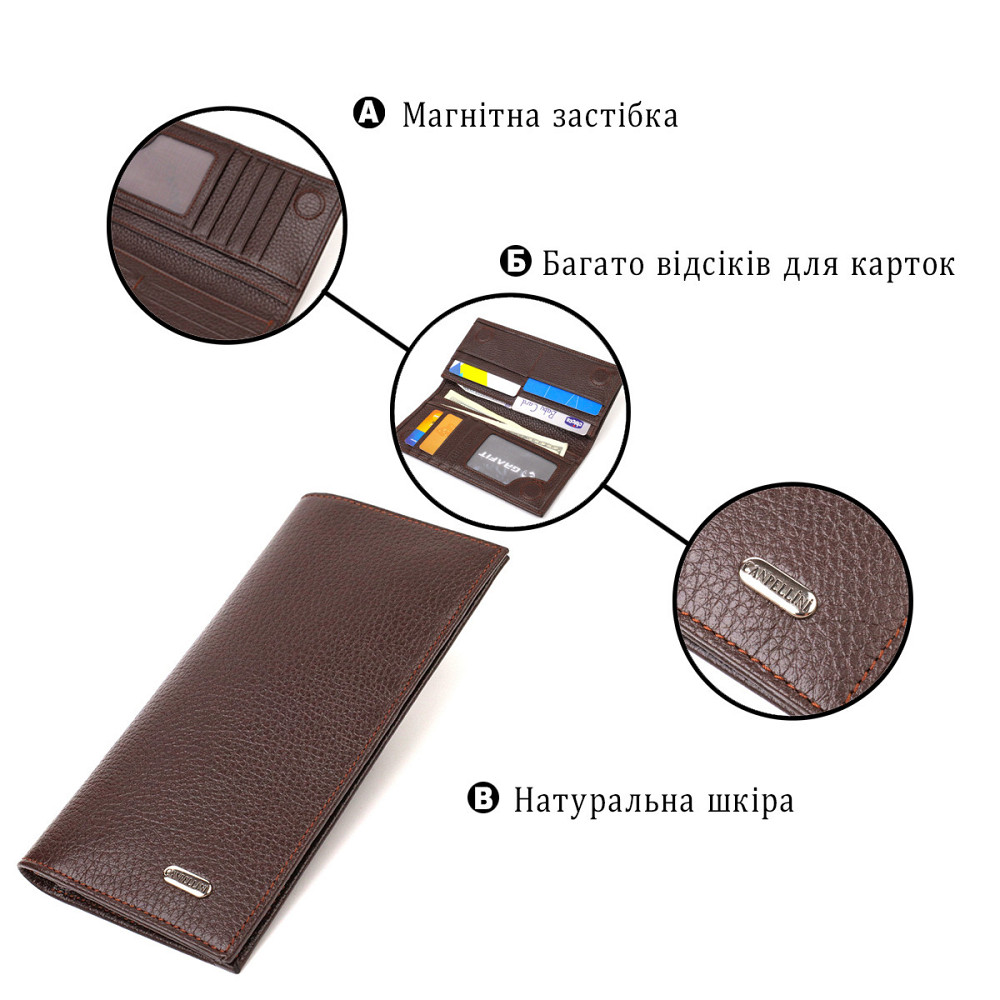 Классический мужской вертикальный бумажник из натуральной кожи CANPELLINI 21902 Коричневый Киев - изображение 4