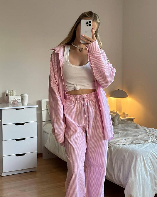Женский стильный повседневный костм двойка лен- коттон полоска Розовый, 46/48 Одесса - изображение 1