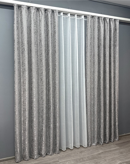 Комплект штор VR-Textil Лен Мрамор 200х270 2шт и Тюль 600х270 1714ш-1276т Серый с белым 71-009/7 Киев - изображение 3