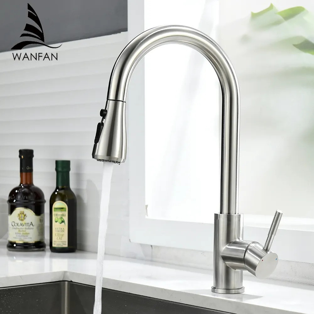 Змішувач для кухні латунний з гнучким висувним шлангом з нержавіючої сталі з матовим нікелевим покриттям Кам'янець-Подільський - фото 4