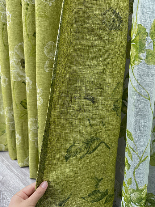 Комплект штор VR-Textil Лен Прованс 100х270 2шт и Тюль 300х270 2077ш-1264т Оливковый с белым 71-210/1 Киев - изображение 6