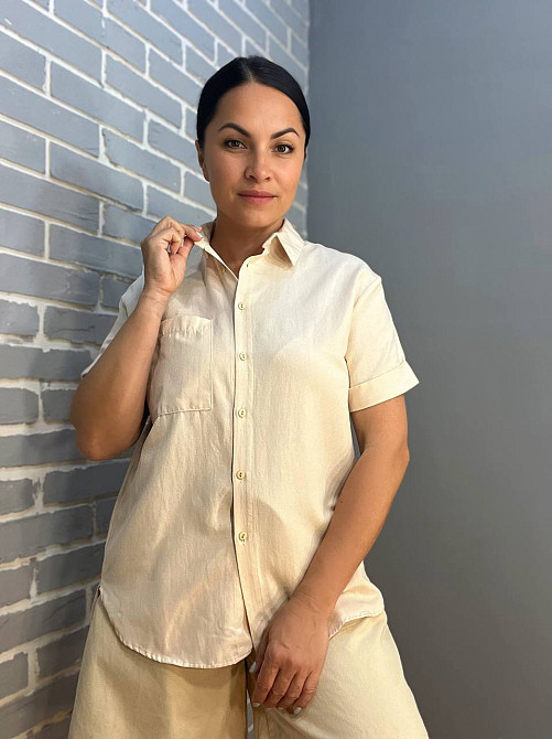 Сорочка жіноча Mix Ray 3950 накладена кишеня короткий рукав оверсайз M бежева, бежевий, S Київ - фото 14