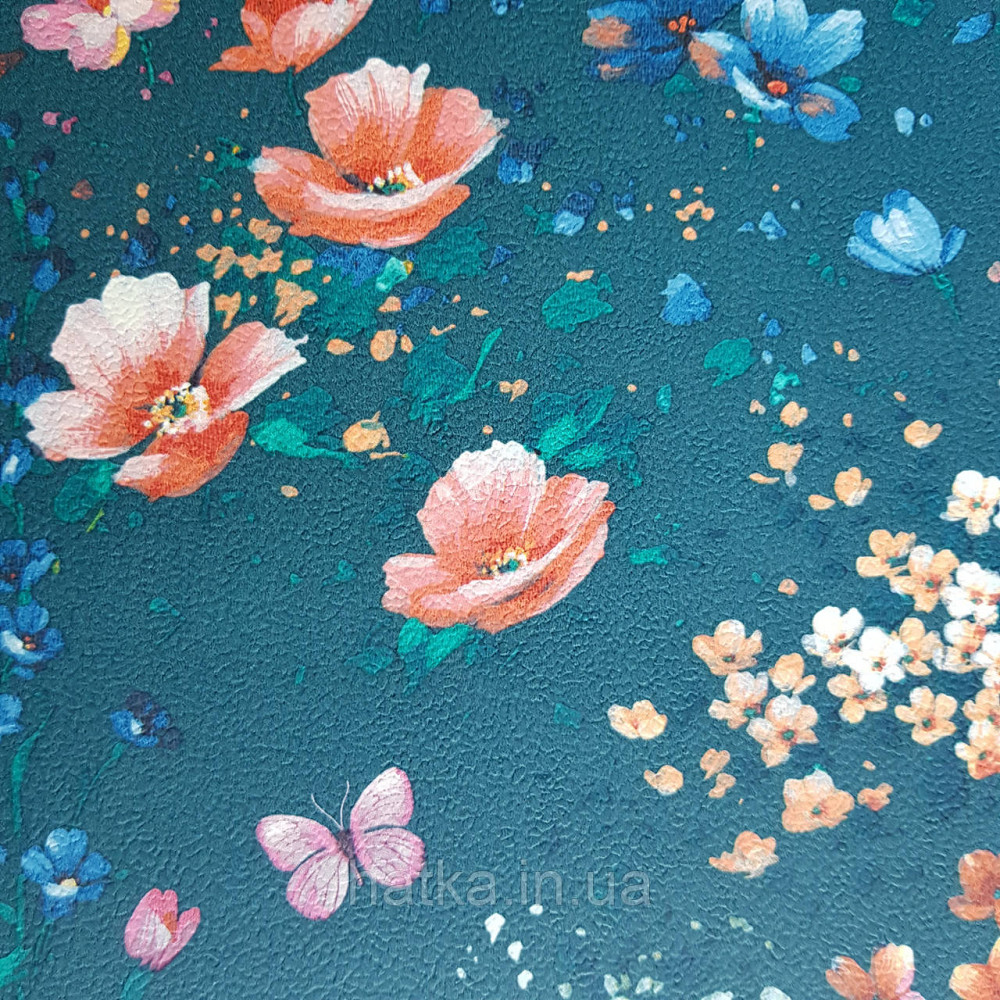 Шпалери вінілові на флізелін 0.53х10.05 Rasch Textil Petite Fleur 5.квіти прованс червоні рожеві на бірюзовому Київ - фото 3