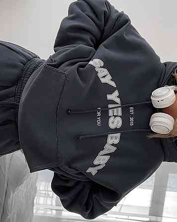 Жіночий стильний костюм оверсайз: кофта та штани тринитка на флісі Графіт Одеса