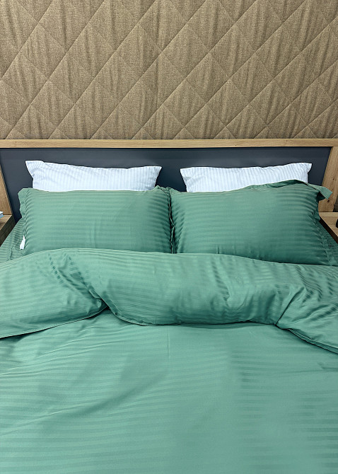 Комплект постельного белья Страйп-сатин Двуспальный 180х220 с простыней на резинке Бирюзовый (88-098) Киев - изображение 6