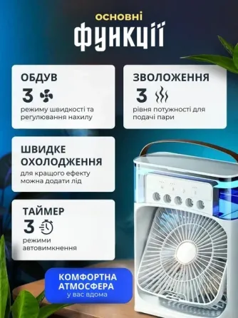 Міні вентилятор з зволожувачем повітря та LED підсвічуванням USB Type-C настільний портативний 3в1 Одеса
