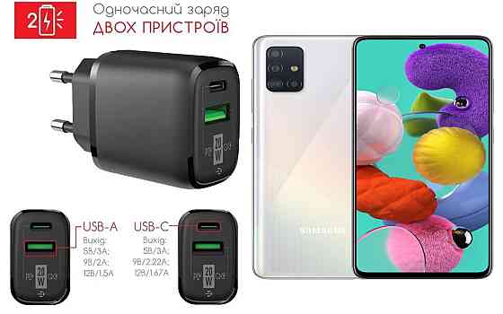 Сетевое зарядное устройство для Samsung Galaxy A51, 20W 3A, Quick Charge 3.0 Киев