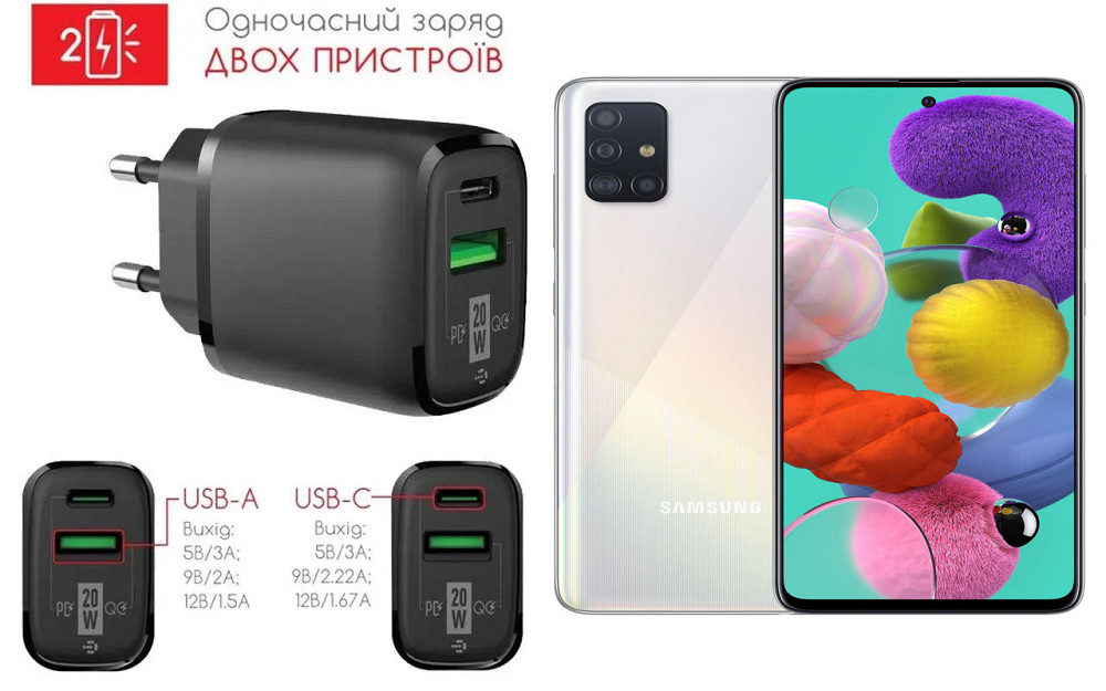Сетевое зарядное устройство для Samsung Galaxy A51, 20W 3A, Quick Charge 3.0 Киев - изображение 1