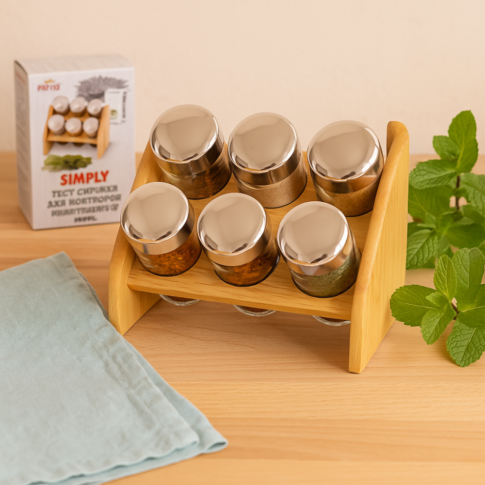 Набір для спецій "Simply" 6 банок на дерев'яній підставці | Баночки для спецій із кришками Київ - фото 1