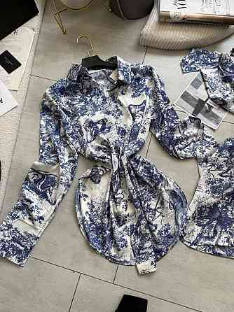 Женский стильный легкий костюм тройка: рубашка шорты + платок из шелка армани Синий, 42/44 Одесса