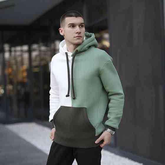 Молочное худи с цветными вставками мужское Pobedov 1touch. Худи мужское зима Киев