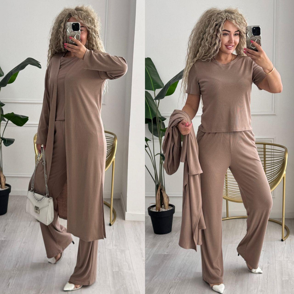 Женский базовый прогулочный костюм тройка: кардиган футболка и штаны трикотажный рубчик Бежевый, 46/48 Одесса - изображение 6