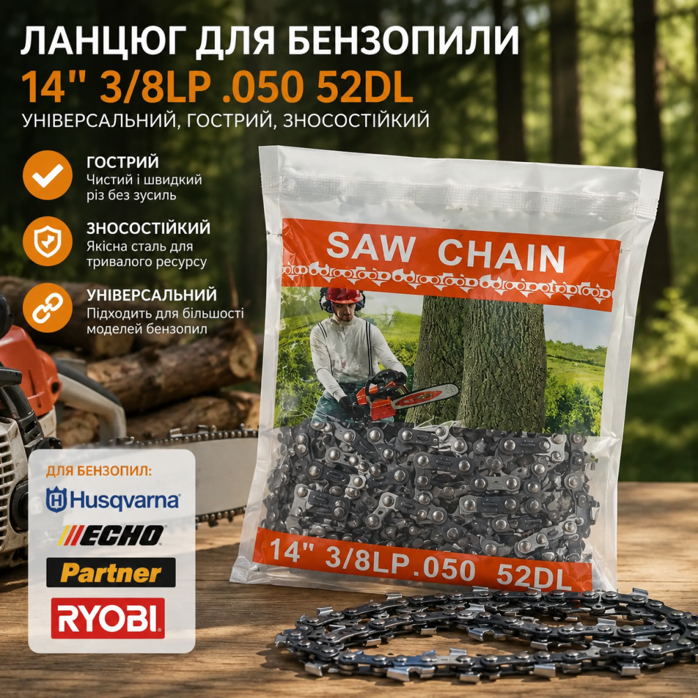 Ланцюг для бензопили 14" 3/8LP .050 52 ланки S52, універсальний, для Husqvarna, Echo, Partner, Ryobi Київ - фото 3