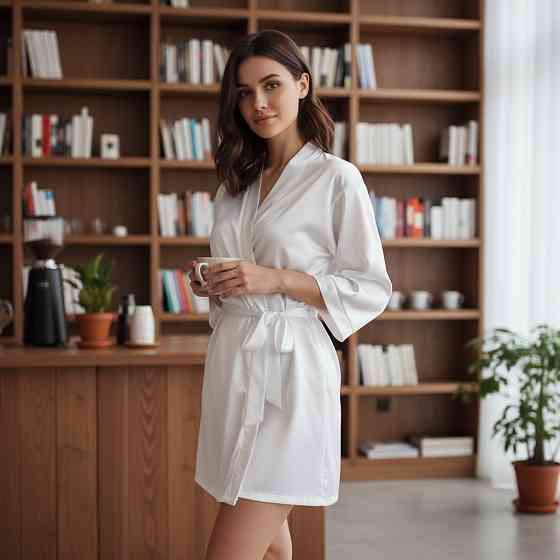 Халат женский шелковый под пояс длина 90см Белый XS/S Харьков
