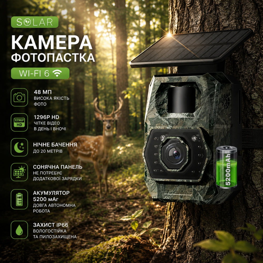 Камера-фотопастка Solar Trail Camera Wi-Fi 6, 48 МП, 1296P, нічне бачення, сонячна панель, акумулятор 5200 мАг, IP66 Київ - фото 10