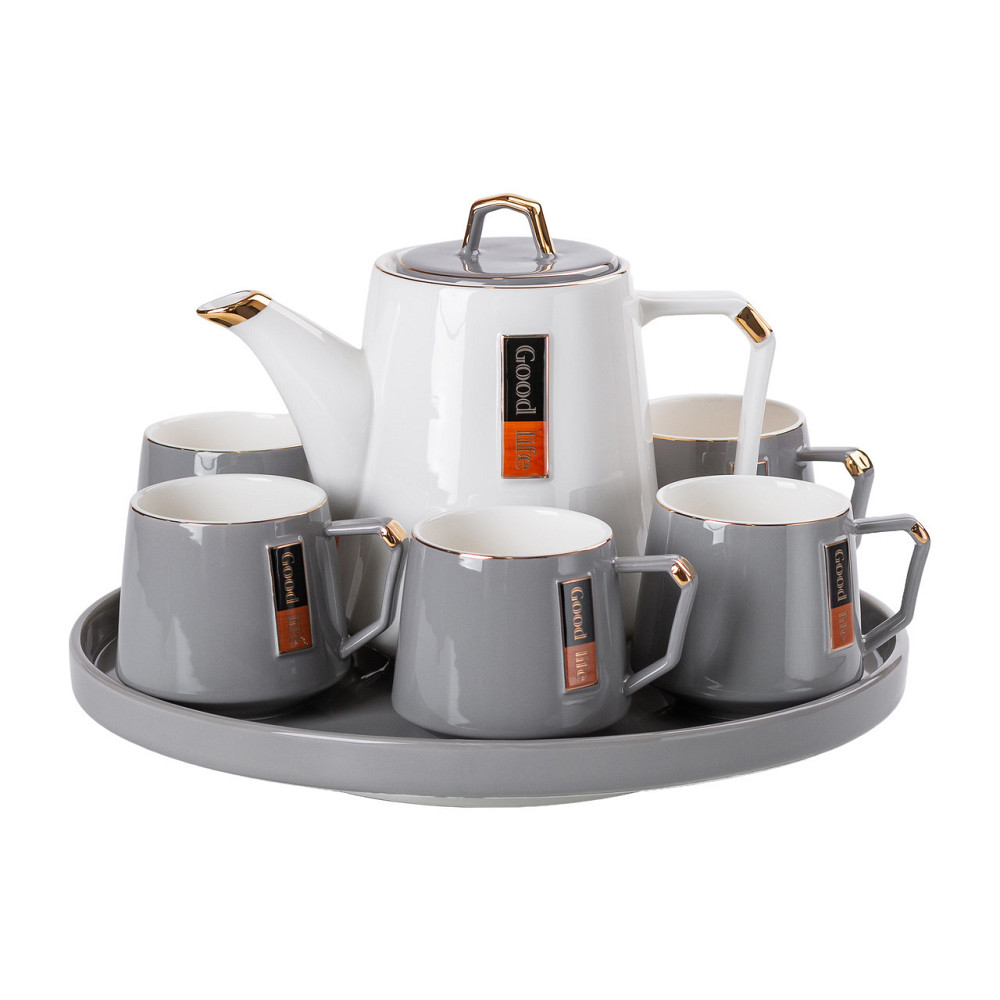 Чайний сервіз на 6 персон з порцелянаовою підставкою, сірий HP-15-26 Київ - фото 1