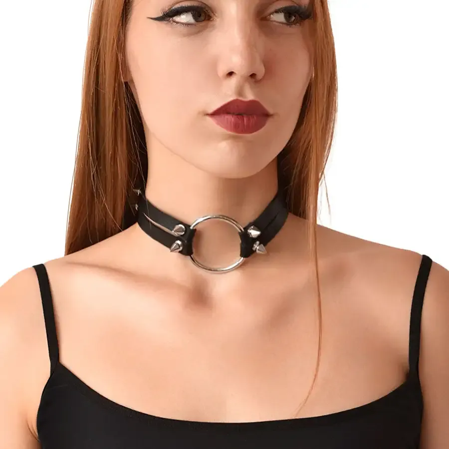 Чокер із металевим кільцем та шипами з натуральної шкіри Art of Sex - Ruby, колір Чорний Львів - фото 1