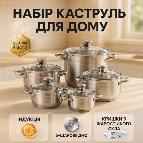 Набір каструль хорошої якості UNIQUE, Набір каструль з жаростійкою кришкою якісних NP-61 Львів