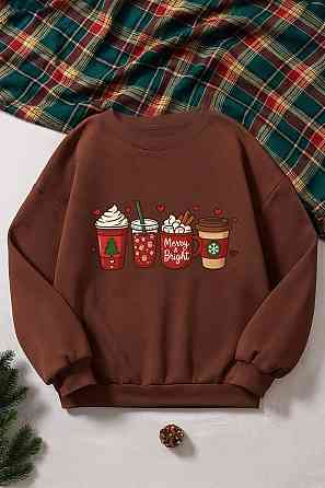 Жіноча затишна оверсайз кофта з новорічним принтом із двостороннього флісу Шоколад 2, 48/50 Одеса