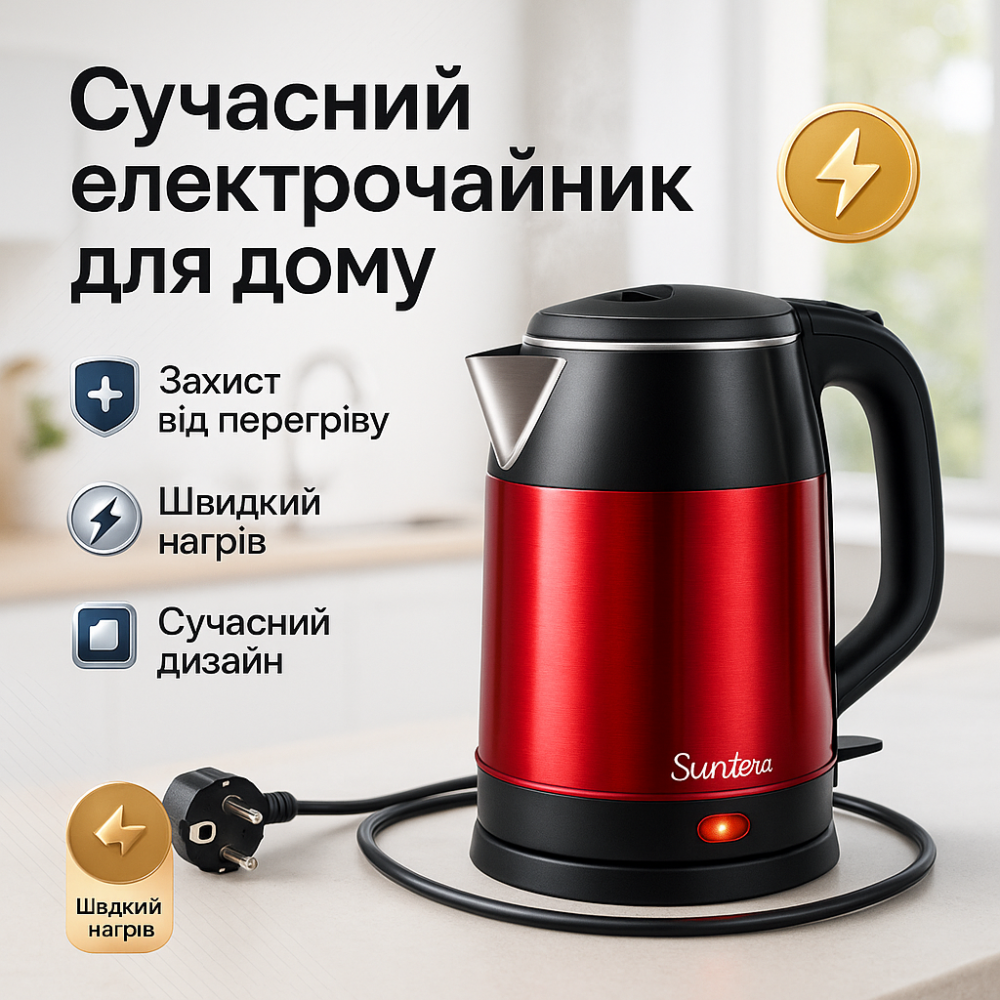 Электрочайник бытовой нержавейка Suntera EKB-326R 1500Вт 1.8л, Изысканный чайник, Бесшумный чайник WQ-61 Львов - изображение 14