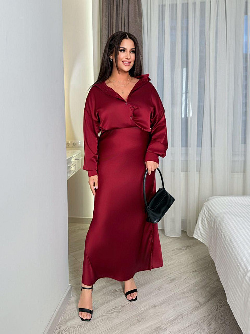 Шелковая женская рубашка свободного фасона со спущенным плечом итальянский шелк Бургунди, 48/52 Одесса - изображение 3