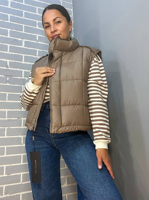 Жилетка жіноча Lady Yep 9039 стьобана коротка вставка з екошкіри на спині капучино, капучино, 42 Київ - фото 1