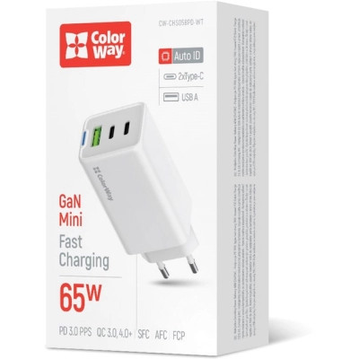 Зарядний пристрій ColorWay GaN Mini 65W PD Port PPS USB (USB-2C1A) white (CW-CHS058PD-WT) Вінниця - фото 12