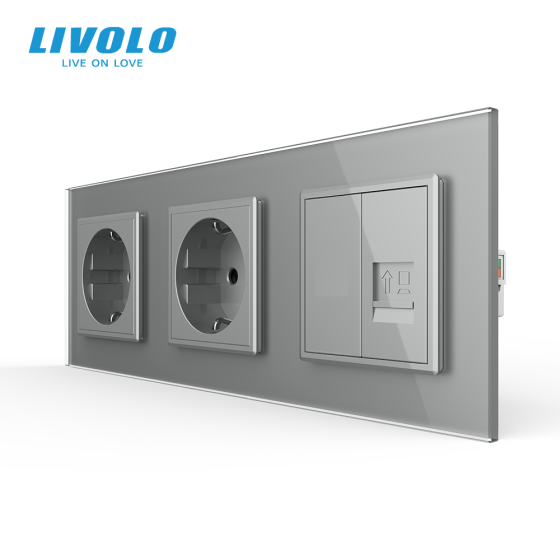 LIVOLO Розетка тримісна комбінована Силова Інтернет Livolo сірий скло (VL-C7C2EU1CK0-15) Коломия