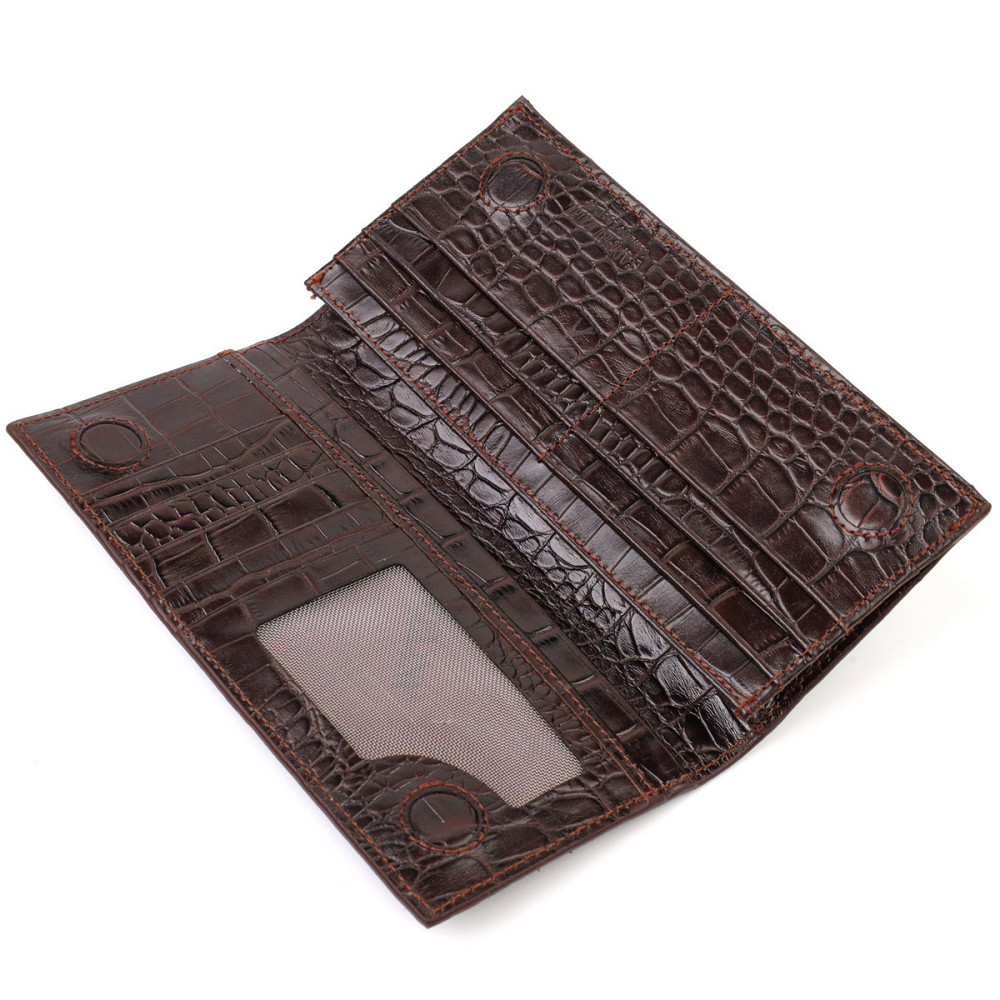 Практичний чоловічий вертикальний гаманець із натуральної шкіри з тисненням під крокодила Коричневий (CANPELLINI) Київ - фото 9