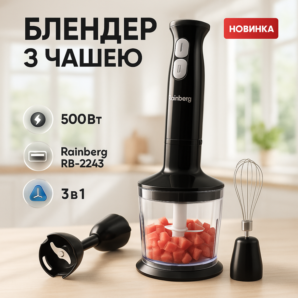 Блендер 3в1 Rainberg RB-2243 500Вт погружной блендер измельчитель, блендер для детского пюре Black SI-89 Львов - изображение 14