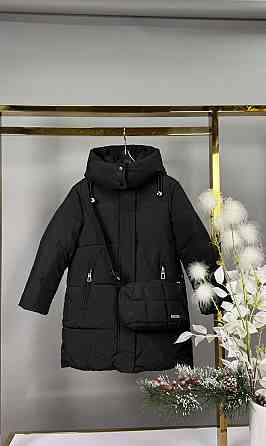 Детская зимняя куртка - пальто для девочки с сумкой 122,128,134,140 черная Николаев