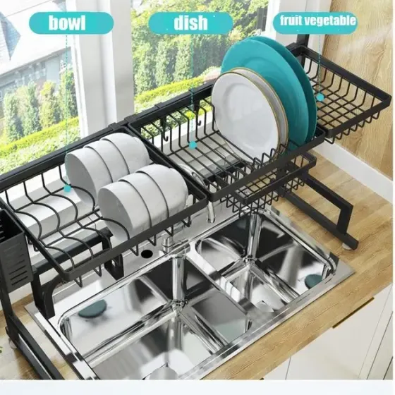 Многофункциональная Двухъярусная полка - органайзер JYH для сушки посуды над раковиной, черная 65 см Коломия