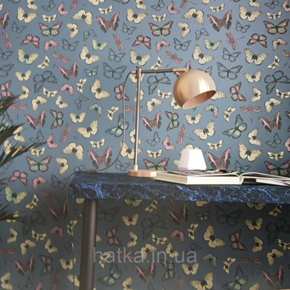 Обои виниловые на флизелине Marburg 82130 Felicita бабочки стрекозы на темно сером металлике Киев - изображение 1