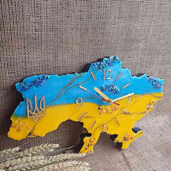 Настінний годинник з епоксидної смоли ручної роботи "Карта України" 30х19 см Дніпро