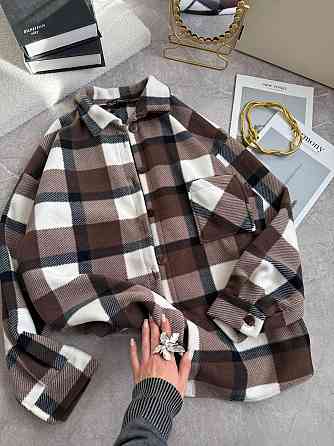 Женская теплая рубашка оверсайз в клетку на пуговицах турецкий флис Шоколад Одесса