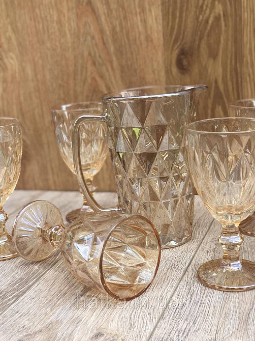 Набір 6 шт. келихів + глечик 1 л. «Дзеркальний Смарагд» 300 мл бурштиновий колір Київ - фото 2