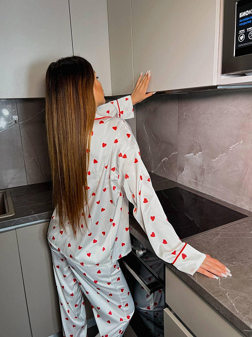 Женская пижама двойка с сердечками из шелка армани Белый, 52/54 Одесса - изображение 2