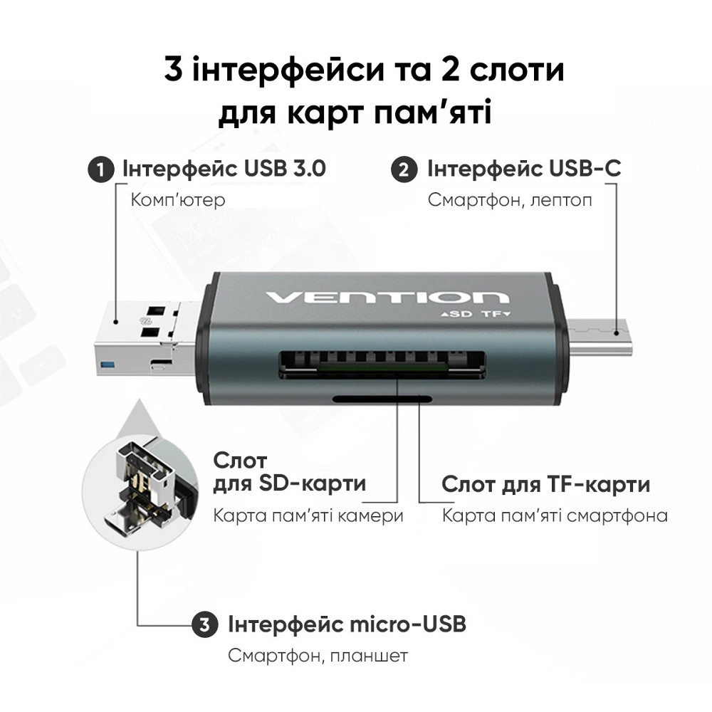 Кардридер Vention USB3.0 Multi-function Card Reader Gray Metal Type (CCHH0) Київ - фото 11
