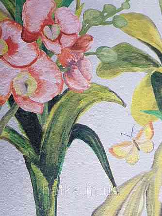 Шпалери вінілові Decoprint Breeze листя метелики квіти орхідеї лілії червоні бузкові на блакитному 0.53х10 м Київ