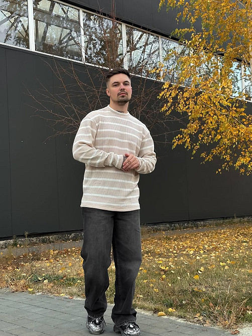 Светр чоловічий в'язаний оверсайз у смужку зебра теплий бежевий Одеса - фото 7