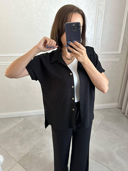 Жіноча легка базова сорочка з коротким рукавом на ґудзиках американський креп Чорний, 54/56 Одеса - фото 2