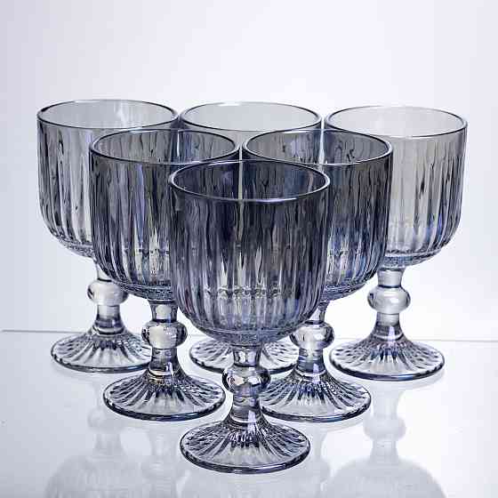 Набір келихів для вина 6 штук по 300 мл ребристих із товстого скла синій HP-19-237 Коломия