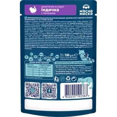 Вологий корм для кішок М'ясна Миска шматочки в соусі з індичкою та печінкою 100 г (4820255192383) Вінниця