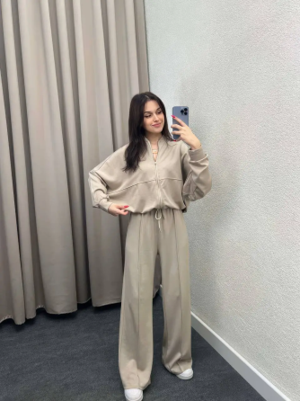 Женский костюм оверсайз с широкими брюками из двунитки Бежевый 50/52 Харьков