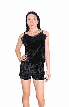 Жіноча піжама майка і шорти з мереживом із мармурового велюру Чорний L Харків