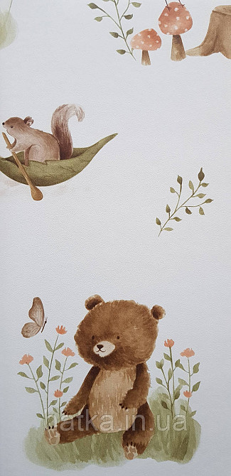 Шпалери флізелінові еко Rasch Kids World II 0.53х10 дитячі ведмедики білки косулі зайці коричневі на білому Київ - фото 2