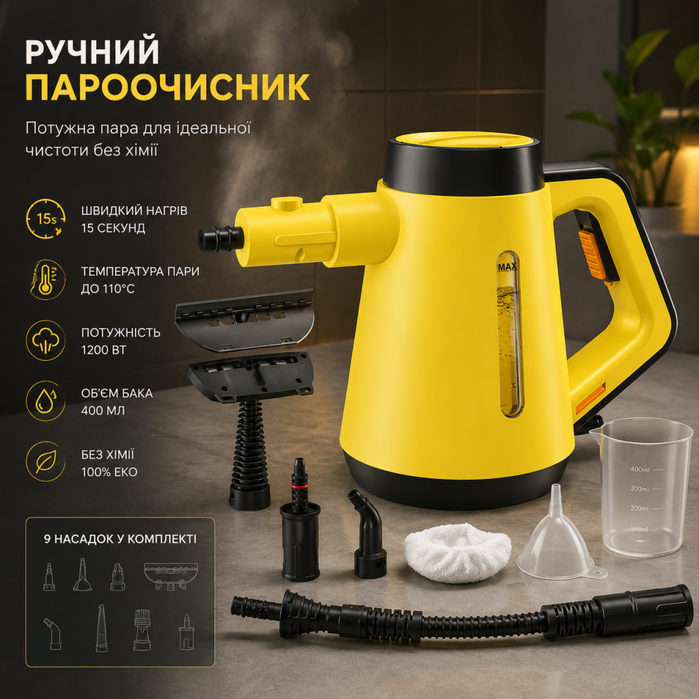 Ручний пароочисник Fippesax EM-319 1200 Вт, 400 мл, 110°C, швидкий нагрів 15 с, 9 насадок, без хімії Київ - фото 8