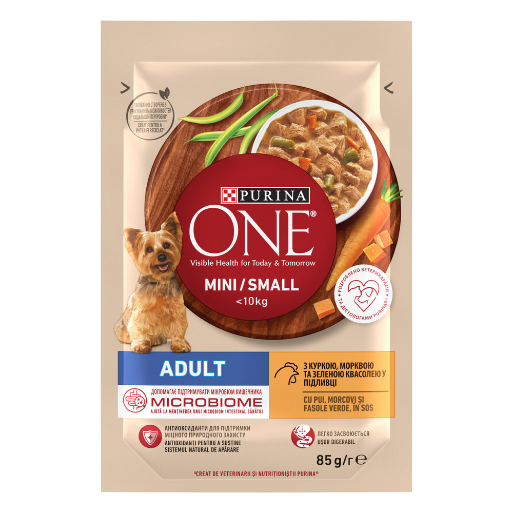 Влажный корм PURINA ONE Mini/Small для взрослых собак мелких пород, кусочки в соусе, с курицей, морковью и зеленой фасолью, 85 г Киев - изображение 2