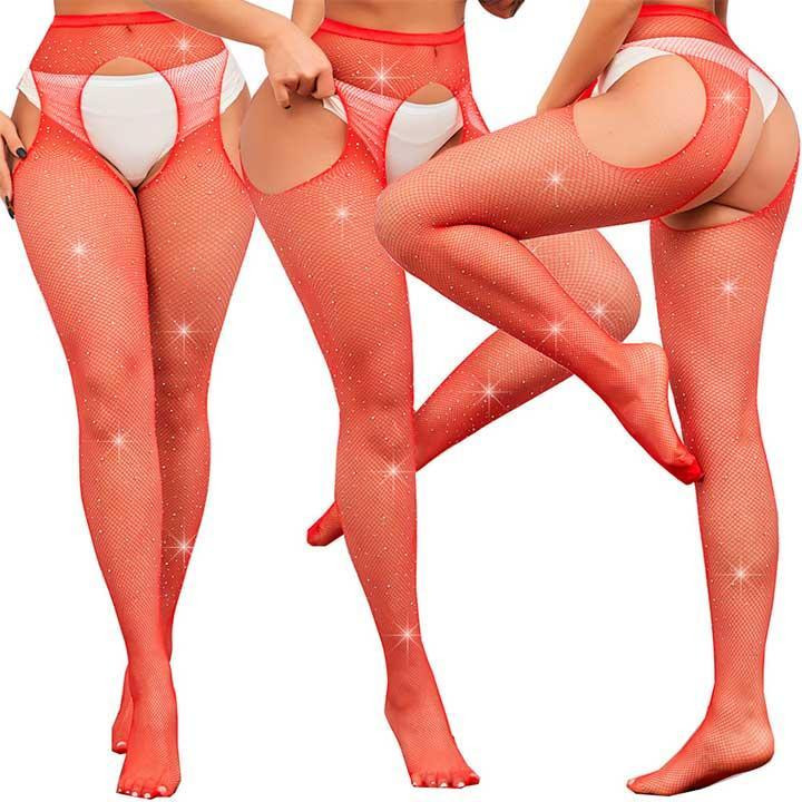 Колготки Very Sexy Shine з відкритим доступом і стразами — Червоний — XS/S/M (1/2/3) — Еротична білизна Вінниця - фото 3