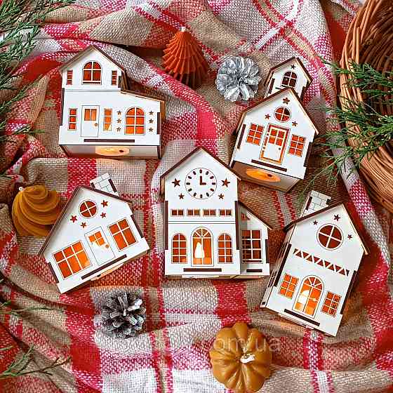 Різдвяні будиночки з підсвіткою — новорічний декор з дерева, комплект 5 шт. Ірпінь